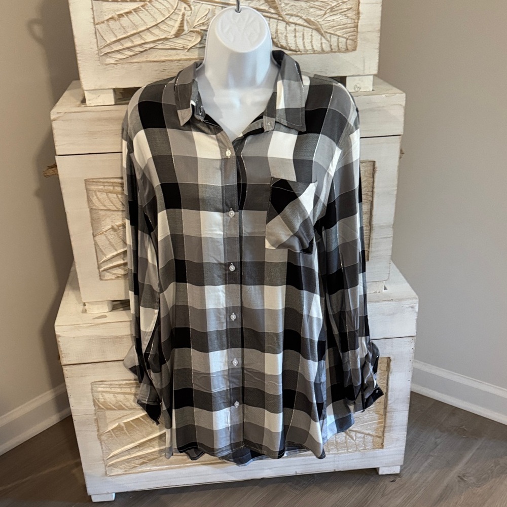 Cato Black and White Plaid Button Down Shirt with silver accents. Size L- NWT.